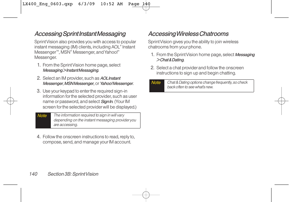 Accessing sprint instant messaging, Accessing wireless chatrooms | LG LX400 User Manual | Page 154 / 180