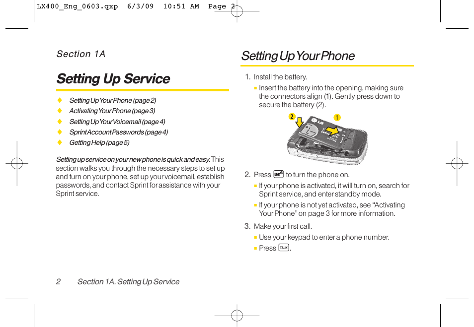 Setting up service, Setting up yourphone | LG LX400 User Manual | Page 16 / 180