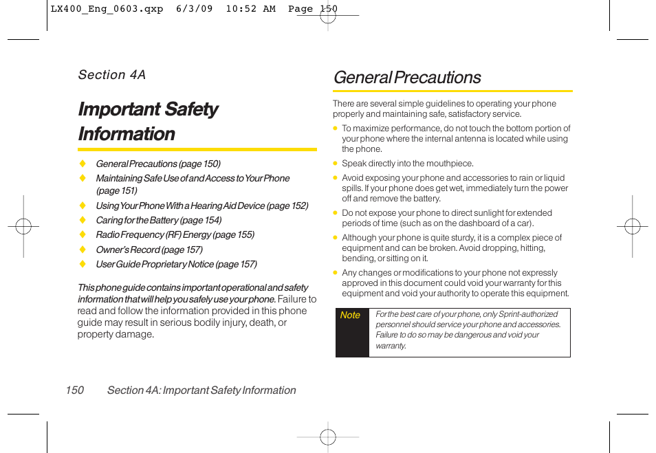 Important safety information, General precautions | LG LX400 User Manual | Page 164 / 180