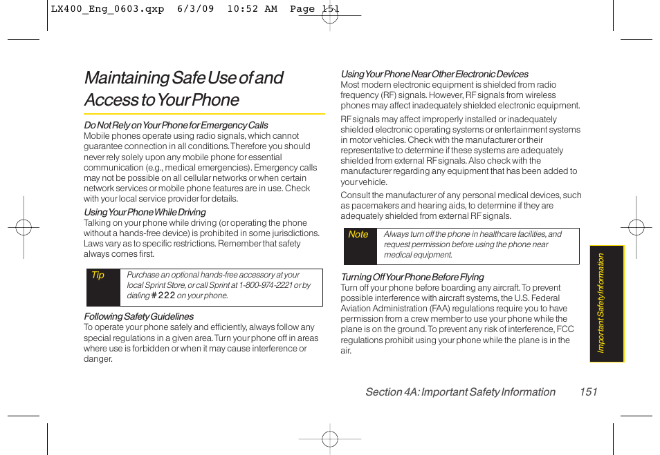 Maintaining safe use of and access to yourphone | LG LX400 User Manual | Page 165 / 180