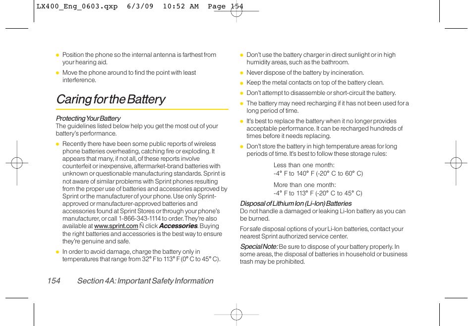 Caring for the battery | LG LX400 User Manual | Page 168 / 180