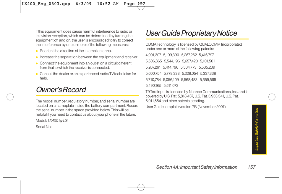 Owner’s record, Userguide proprietary notice | LG LX400 User Manual | Page 171 / 180