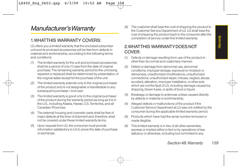 Manufacturer’s warranty | LG LX400 User Manual | Page 173 / 180