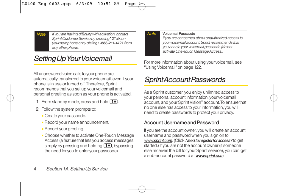 Setting upyourvoicemail, Sprint account passwords | LG LX400 User Manual | Page 18 / 180