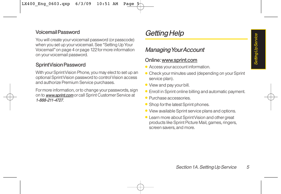 Getting help, Managing youraccount | LG LX400 User Manual | Page 19 / 180