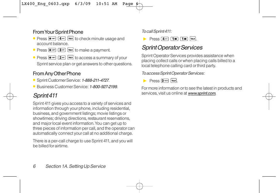 Sprint 411, Sprint operatorservices | LG LX400 User Manual | Page 20 / 180