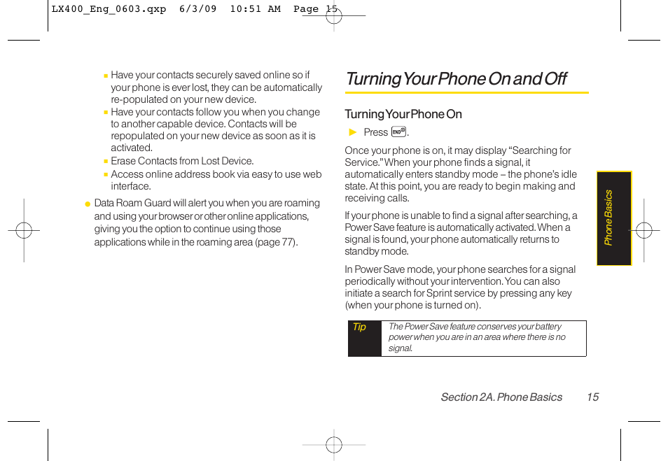 Turning yourphone on and off | LG LX400 User Manual | Page 29 / 180