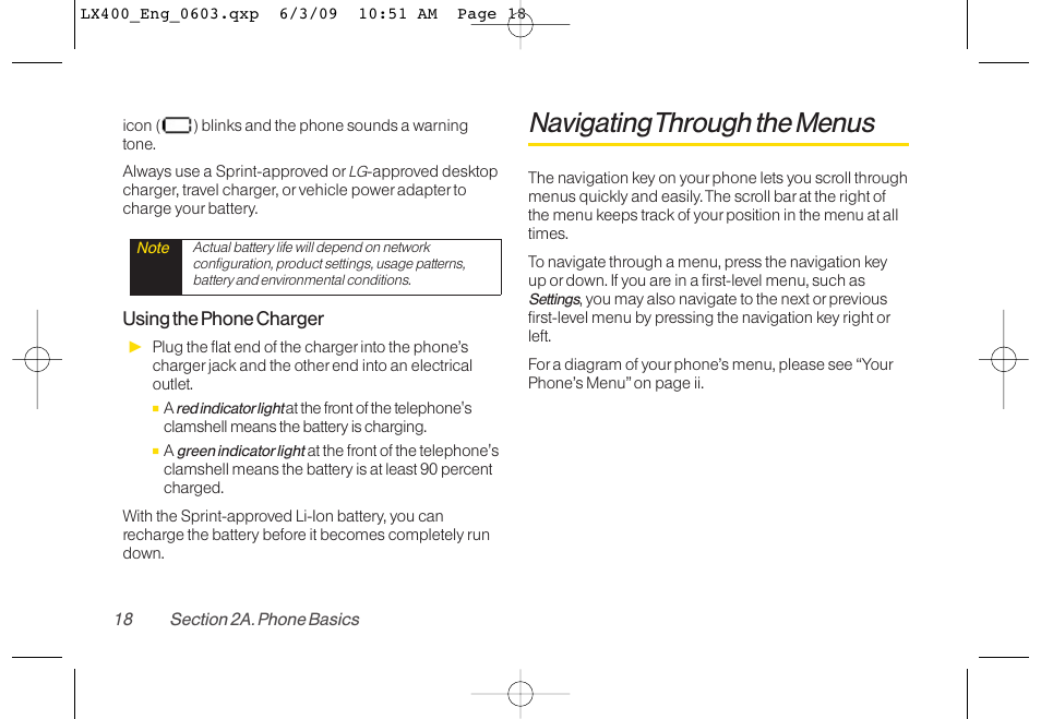 Navigating through the menus | LG LX400 User Manual | Page 32 / 180