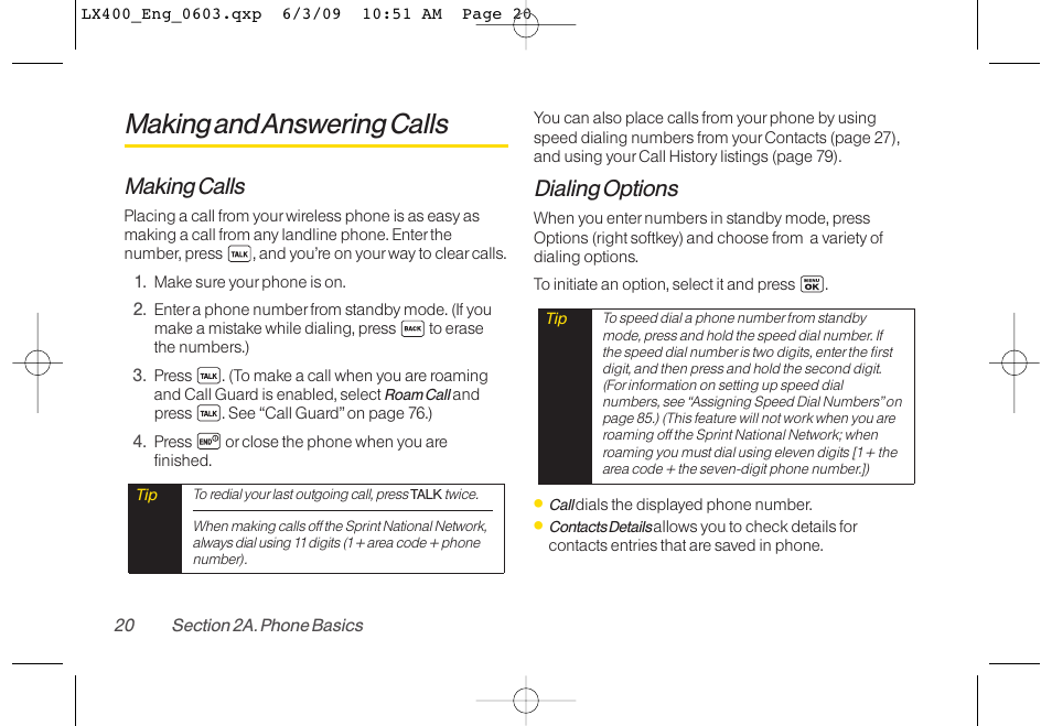 Making and answering calls, Making calls, Dialing options | LG LX400 User Manual | Page 34 / 180
