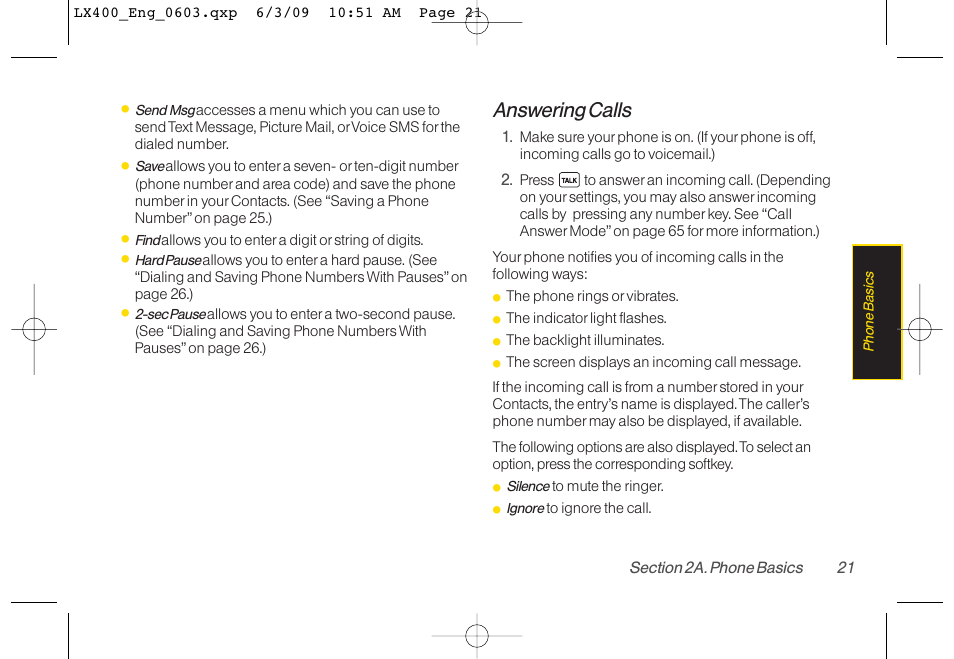 Answering calls | LG LX400 User Manual | Page 35 / 180
