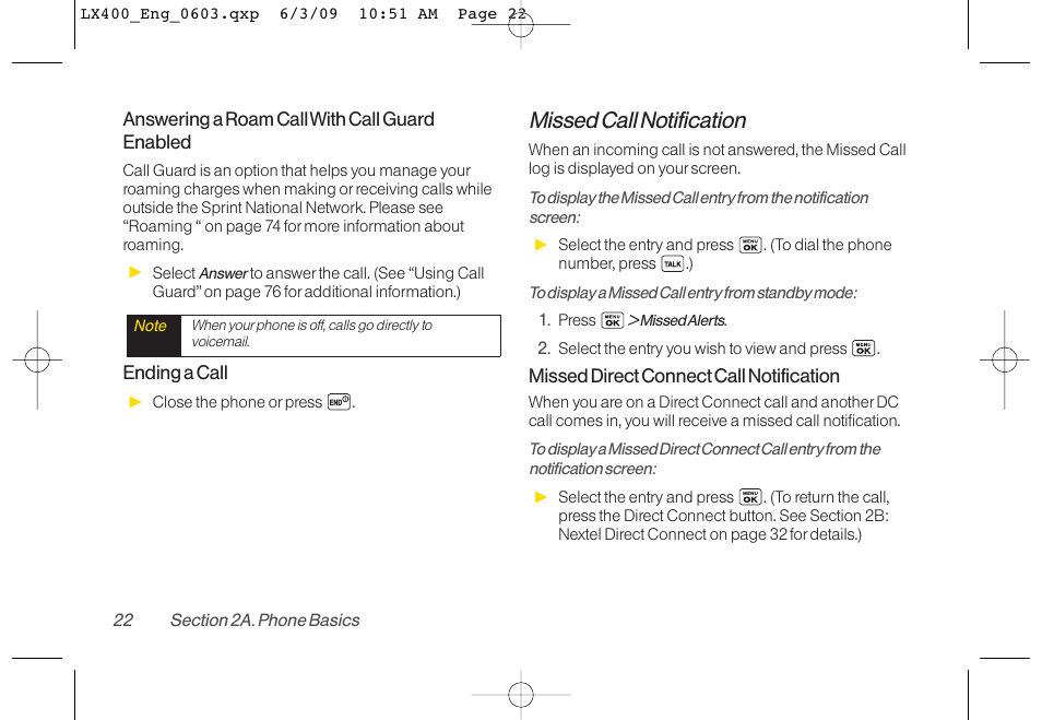 Missed call notification | LG LX400 User Manual | Page 36 / 180