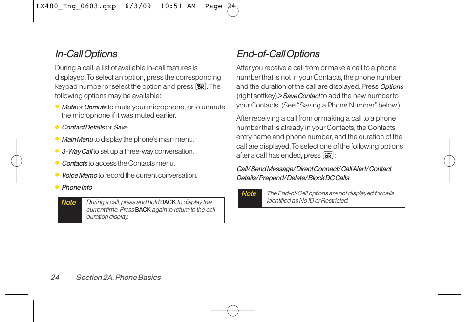 In-call options, End-of-call options | LG LX400 User Manual | Page 38 / 180