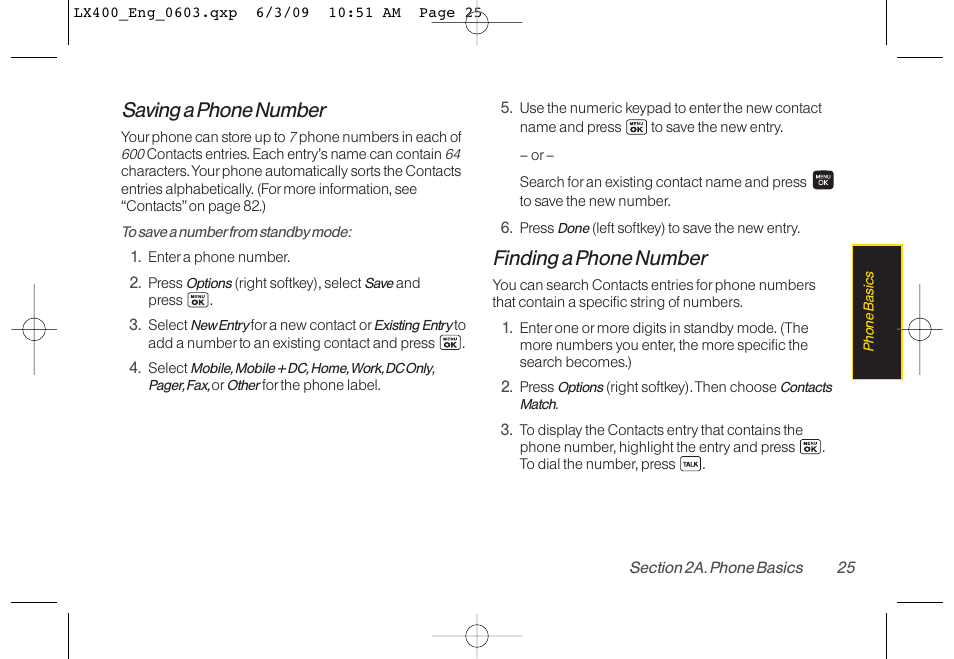 Saving a phone number, Finding a phone number | LG LX400 User Manual | Page 39 / 180