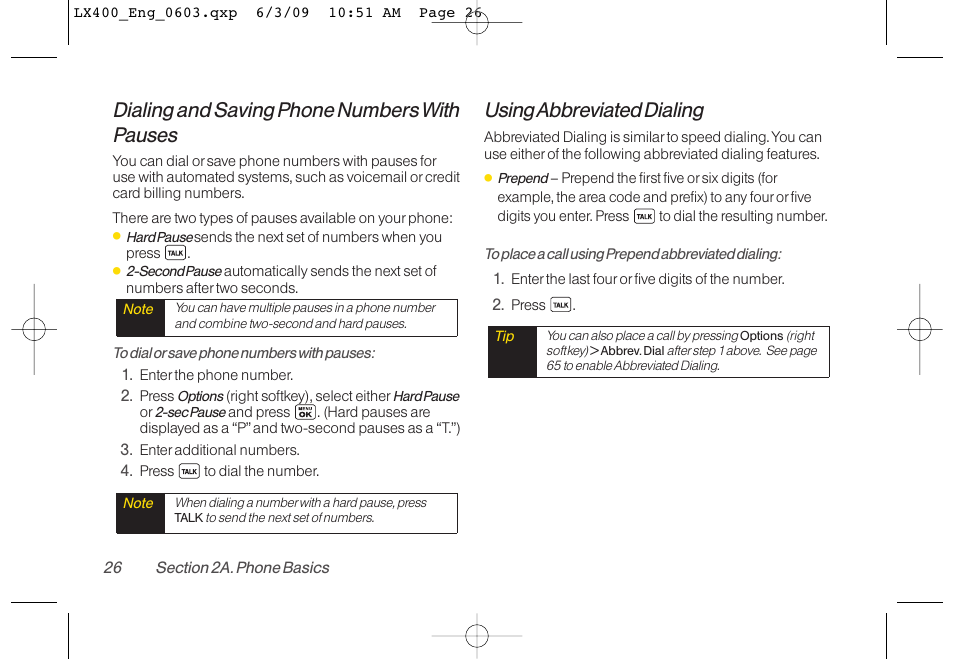 Dialing and saving phone numbers with pauses, Using abbreviated dialing | LG LX400 User Manual | Page 40 / 180