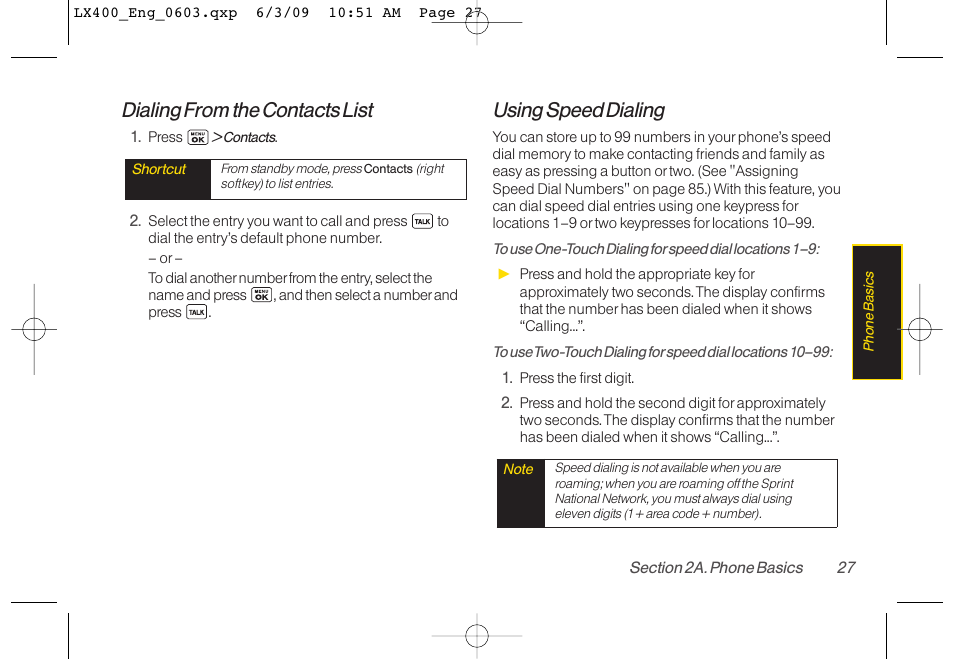 Dialing from the contacts list, Using speed dialing | LG LX400 User Manual | Page 41 / 180