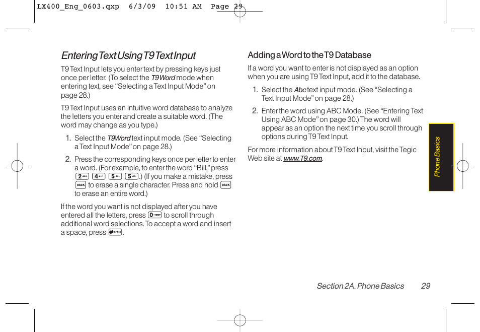 Entering text using t9 text input | LG LX400 User Manual | Page 43 / 180