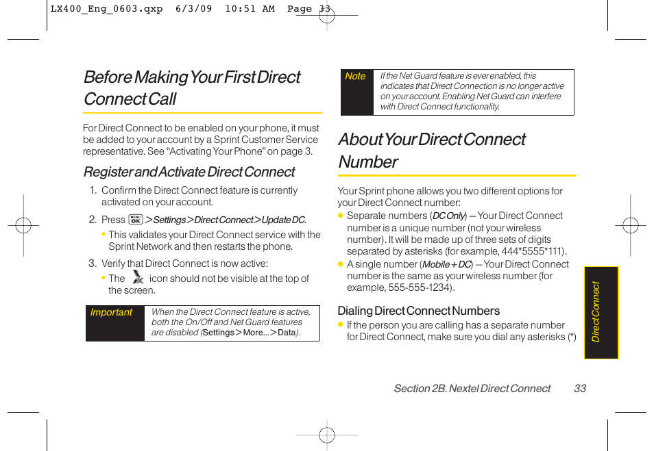 Before making yourfirst direct connect call, About yourdirect connect number, Registerand activate direct connect | LG LX400 User Manual | Page 47 / 180