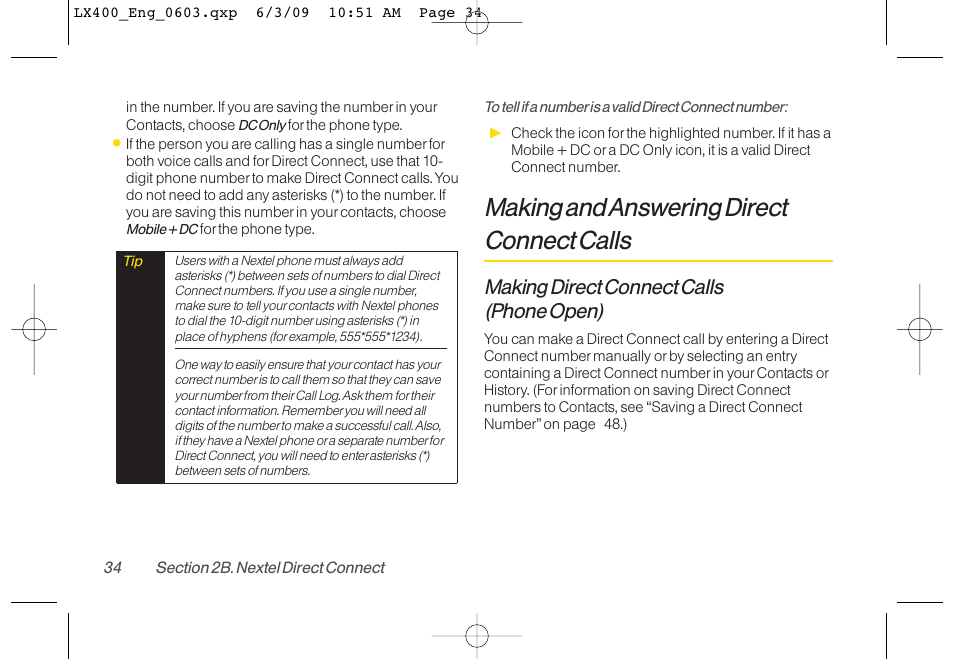 Making and answering direct connect calls, Making direct connect calls (phone open) | LG LX400 User Manual | Page 48 / 180