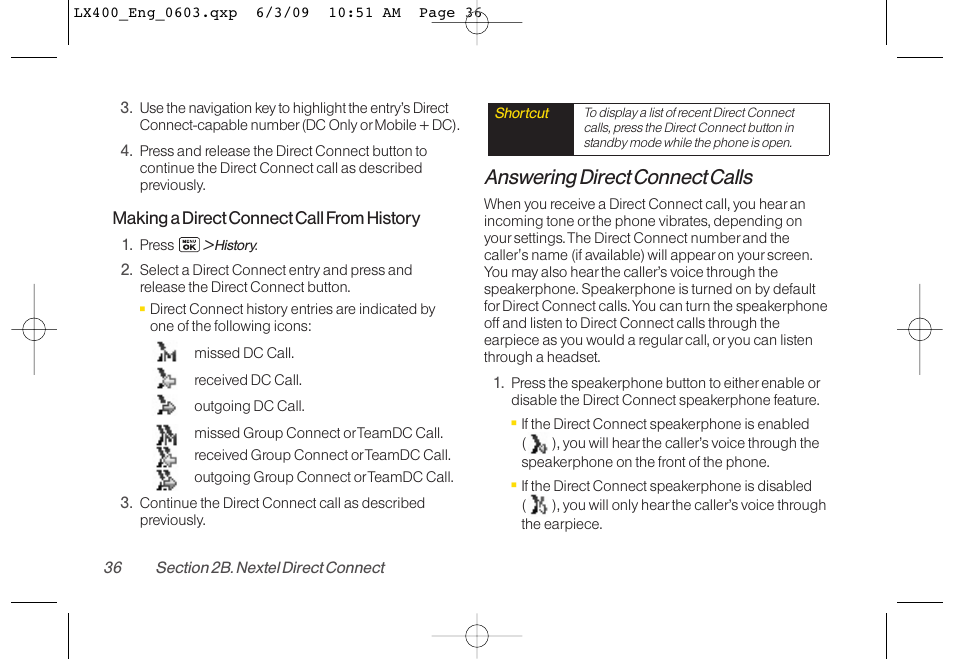 Answering direct connect calls | LG LX400 User Manual | Page 50 / 180