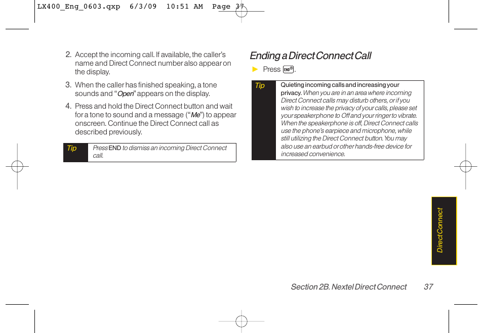 Ending a direct connect call | LG LX400 User Manual | Page 51 / 180