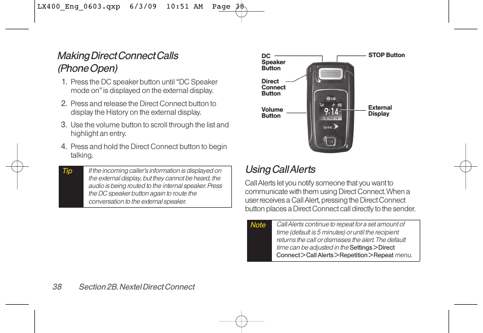 Making direct connect calls (phone open), Using call alerts | LG LX400 User Manual | Page 52 / 180