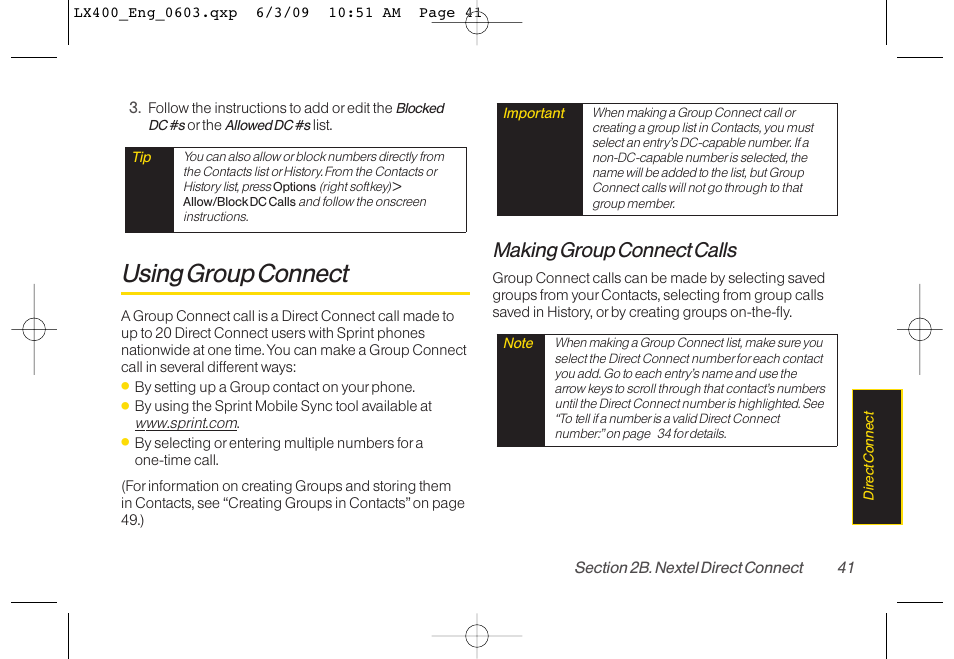 Using group connect, Making group connect calls | LG LX400 User Manual | Page 55 / 180