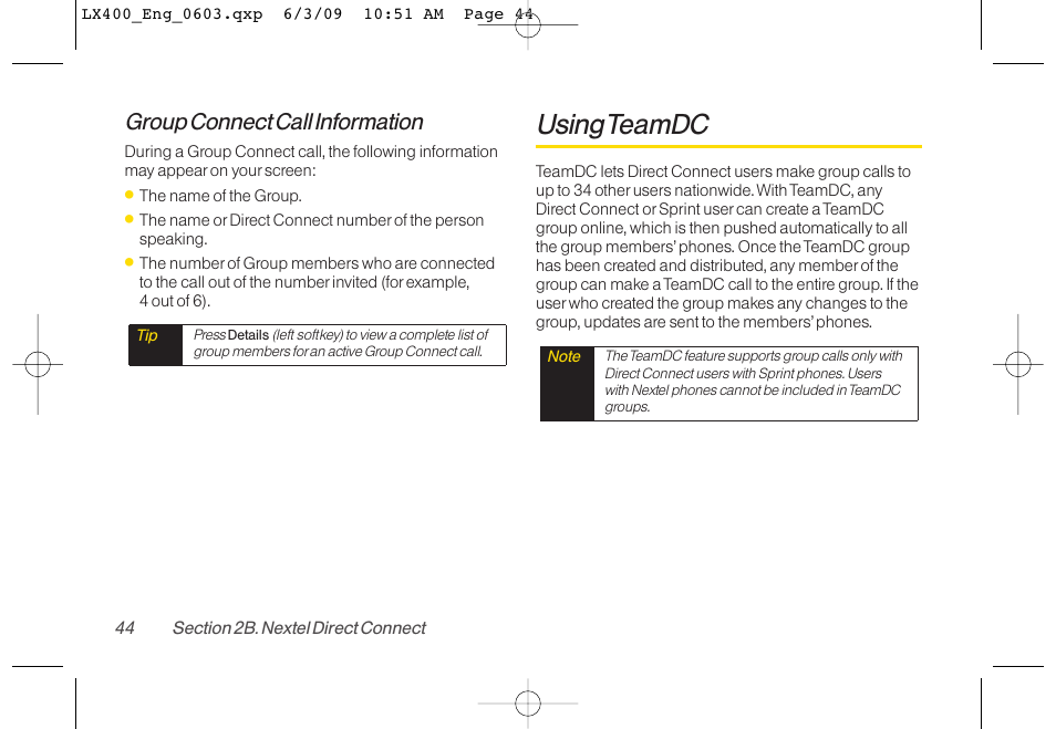 Using teamdc, Group connect call information | LG LX400 User Manual | Page 58 / 180