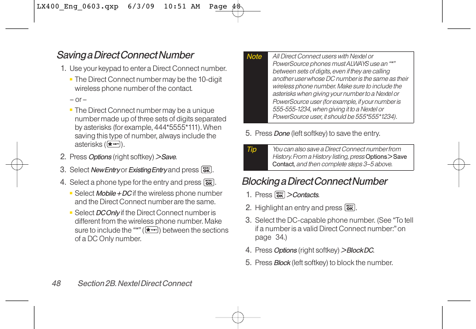 Saving a direct connect number, Blocking a direct connect number | LG LX400 User Manual | Page 62 / 180