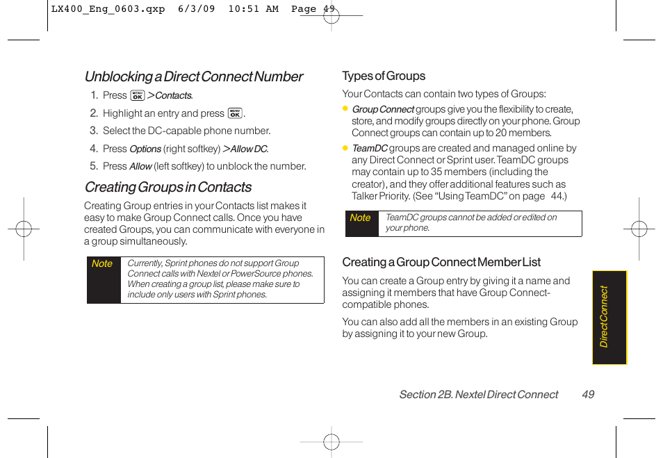 Unblocking a direct connect number, Creating groups in contacts | LG LX400 User Manual | Page 63 / 180