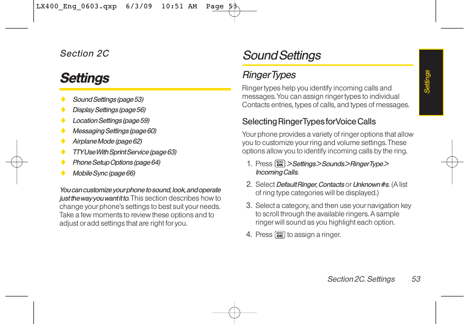 Settings, Sound settings, Ringertypes | LG LX400 User Manual | Page 67 / 180