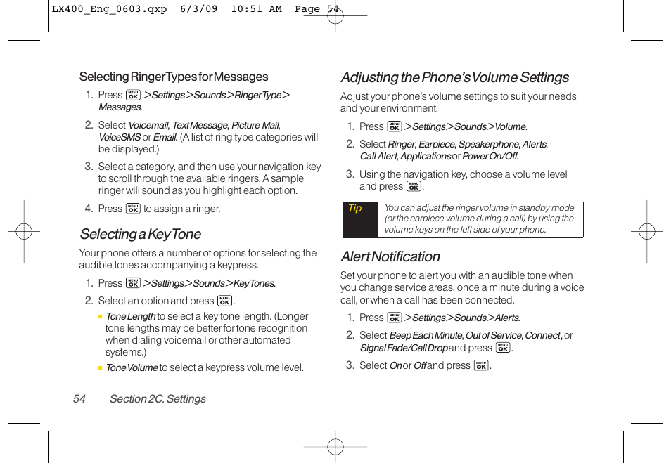 Selecting a key tone, Adjusting the phone’s volume settings, Alert notification | LG LX400 User Manual | Page 68 / 180