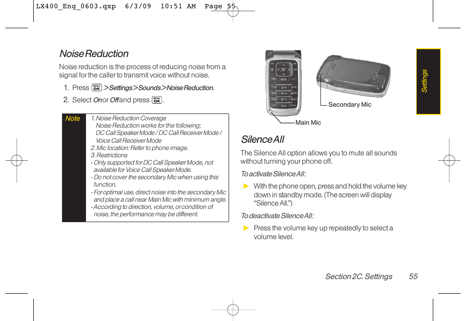 Noise reduction, Silence all | LG LX400 User Manual | Page 69 / 180