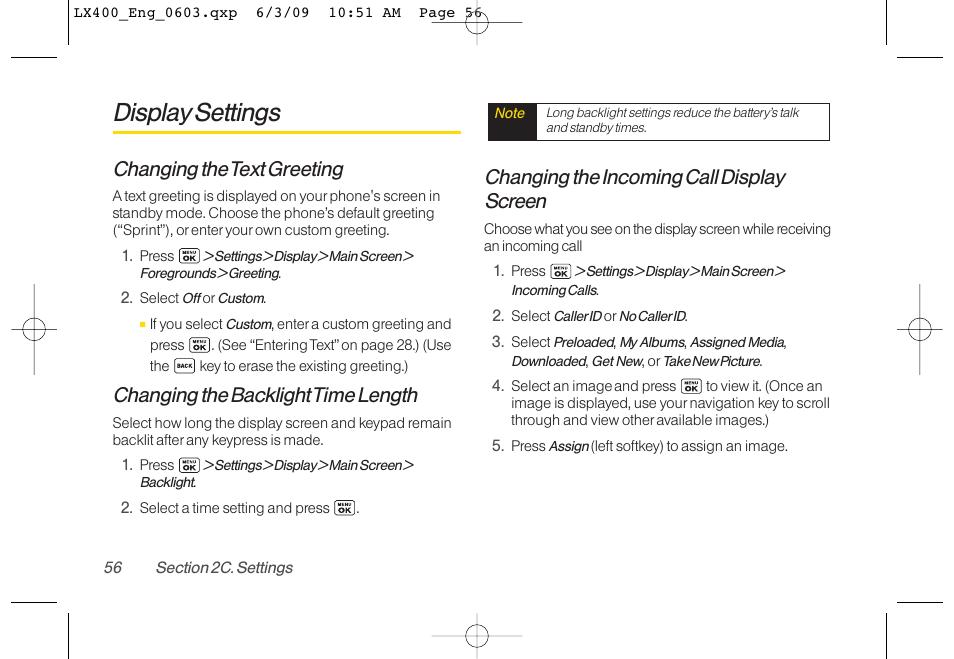 Display settings, Changing the text greeting, Changing the backlighttime length | Changing the incoming call display screen | LG LX400 User Manual | Page 70 / 180