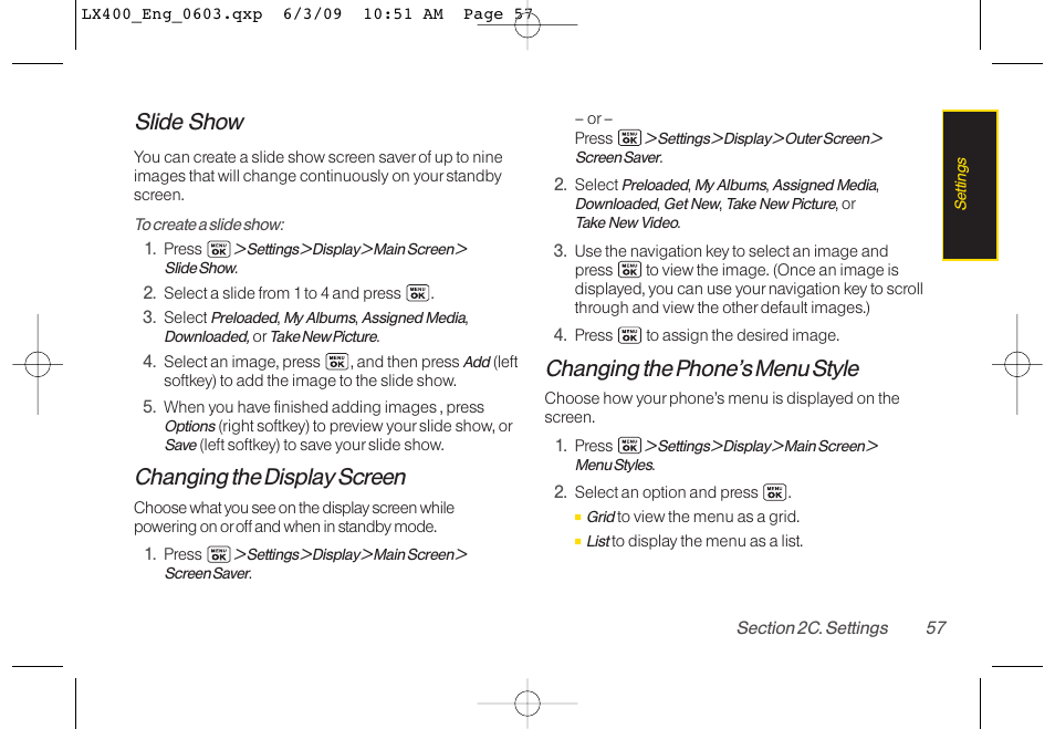 Slide show, Changing the display screen, Changing the phone’s menu style | LG LX400 User Manual | Page 71 / 180