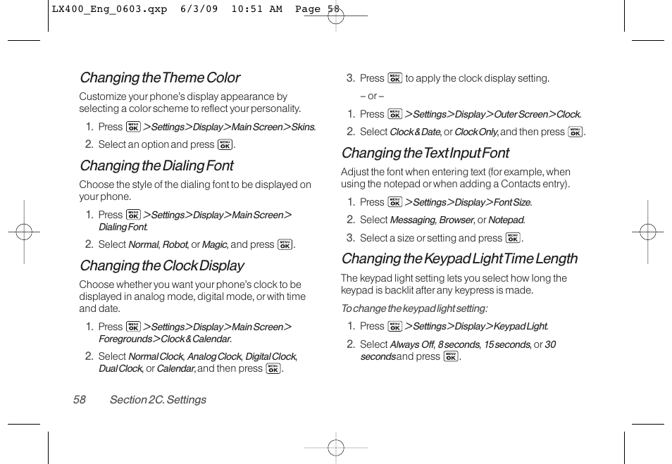 Changing the theme color, Changing the dialing font, Changing the clock display | Changing the text input font, Changing the keypad lighttime length | LG LX400 User Manual | Page 72 / 180