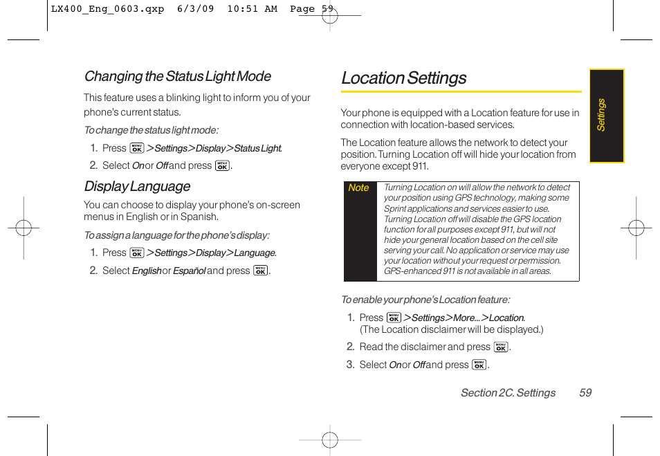 Location settings, Changing the status light mode, Display language | LG LX400 User Manual | Page 73 / 180