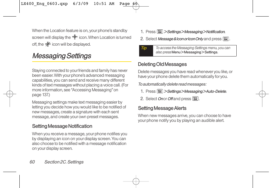 Messaging settings | LG LX400 User Manual | Page 74 / 180