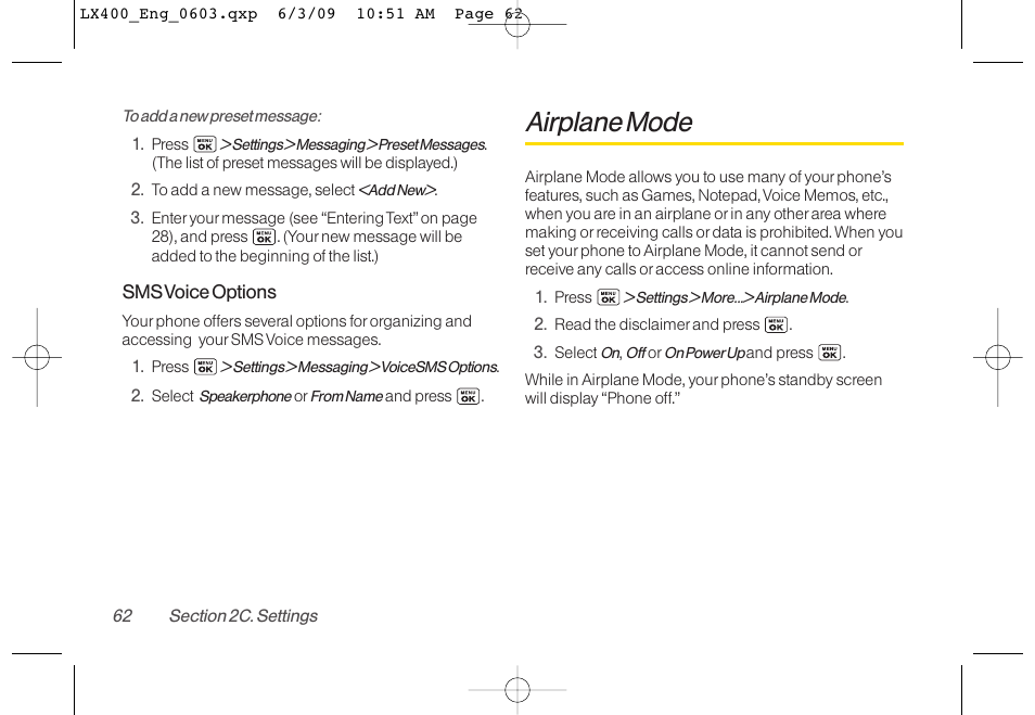 Airplane mode | LG LX400 User Manual | Page 76 / 180