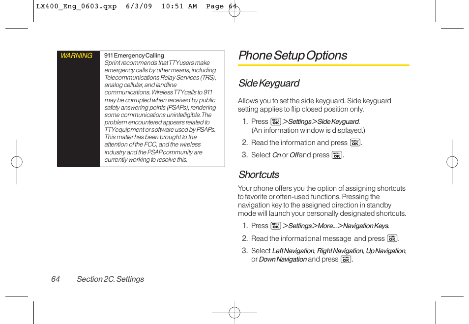 Phone setup options, Side keyguard, Shortcuts | LG LX400 User Manual | Page 78 / 180