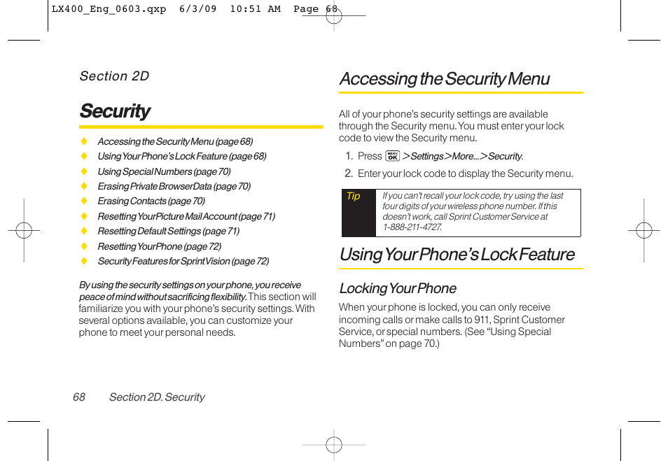 Security, Accessing the security menu, Using yourphone’s lock feature | Locking yourphone | LG LX400 User Manual | Page 82 / 180