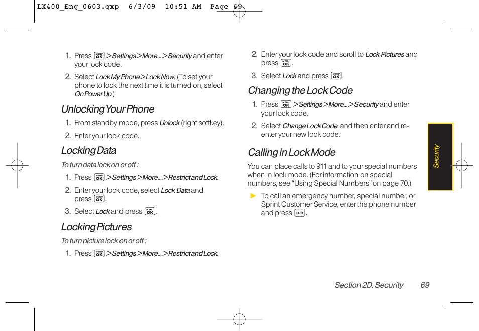 Unlocking yourphone, Locking data, Locking pictures | Changing the lock code, Calling in lock mode | LG LX400 User Manual | Page 83 / 180