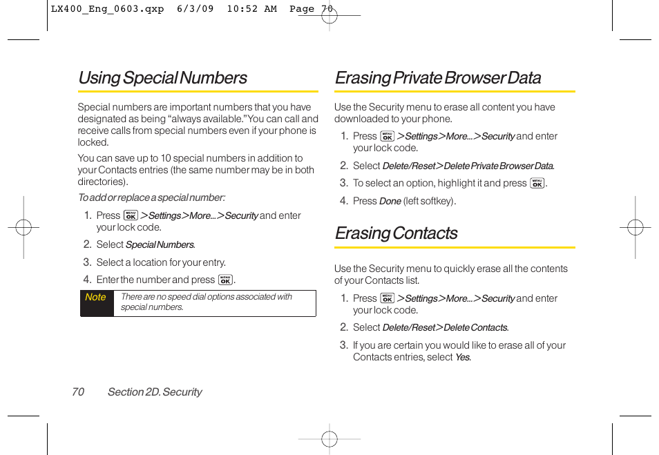 Using special numbers, Erasing private browserdata, Erasing contacts | LG LX400 User Manual | Page 84 / 180