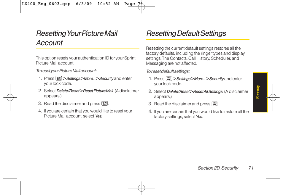 Resettingyourpicture mail account, Resetting default settings | LG LX400 User Manual | Page 85 / 180
