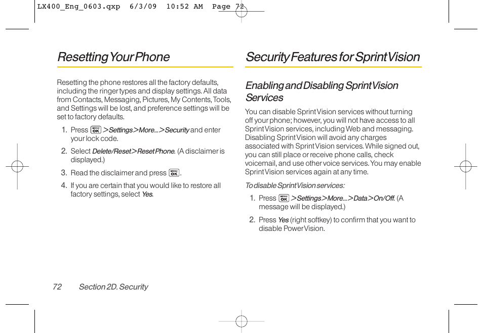 Resetting yourphone, Security features forsprint vision, Enabling and disabling sprint vision services | LG LX400 User Manual | Page 86 / 180