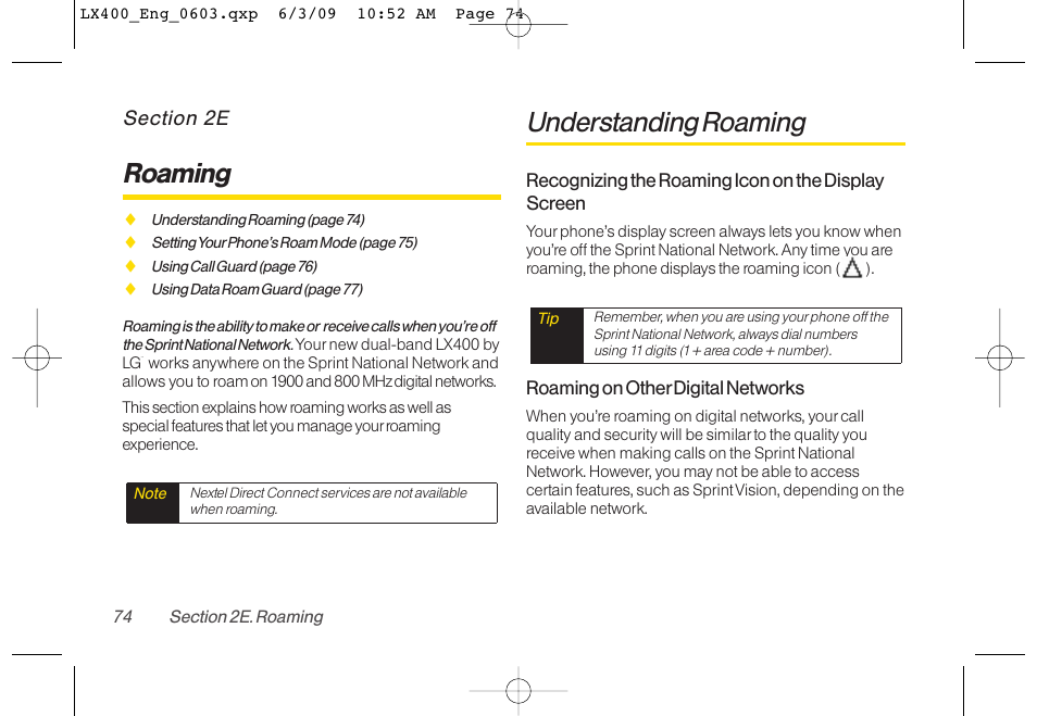 Roaming, Understanding roaming | LG LX400 User Manual | Page 88 / 180