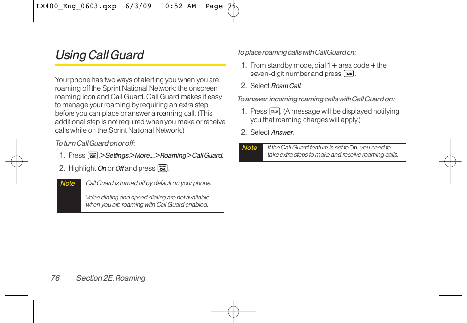 Using call guard | LG LX400 User Manual | Page 90 / 180