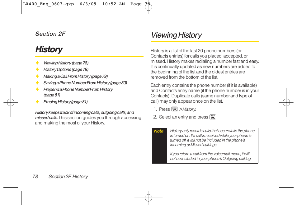 History, Viewing history | LG LX400 User Manual | Page 92 / 180