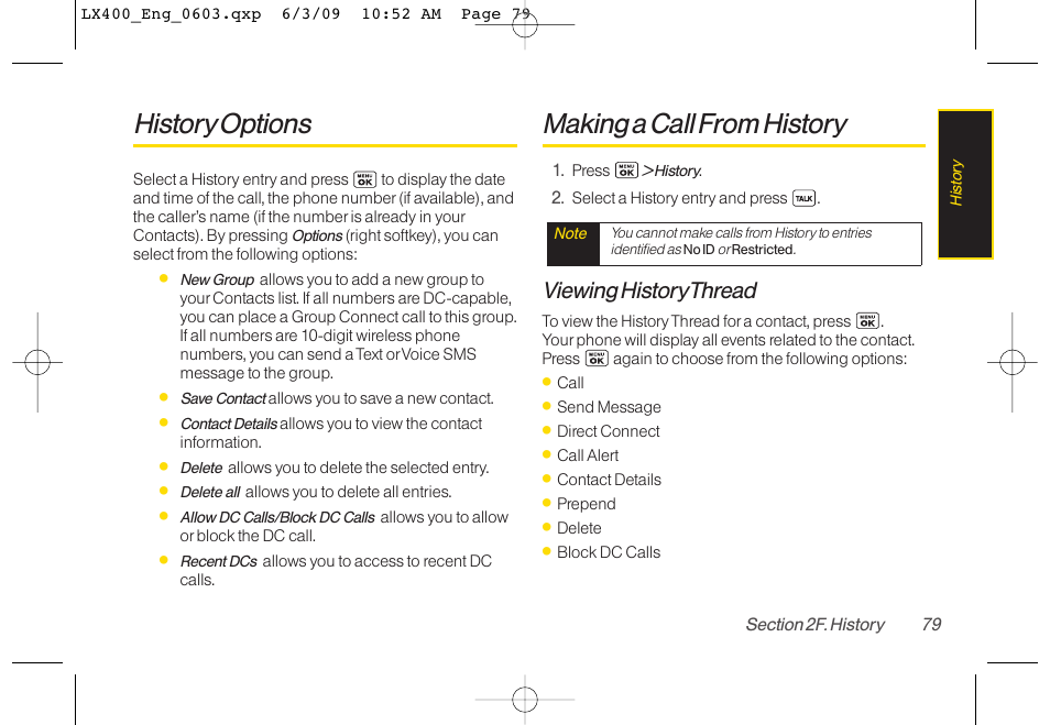 History options, Making a call from history, Viewing history thread | LG LX400 User Manual | Page 93 / 180