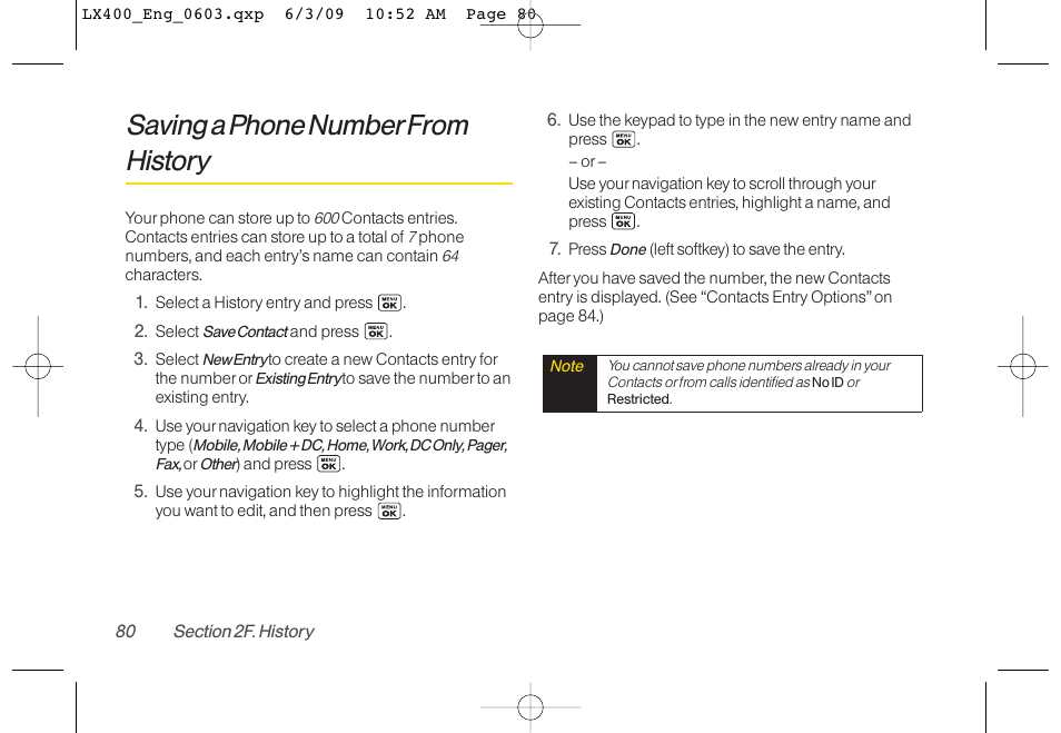 Saving a phone numberfrom history | LG LX400 User Manual | Page 94 / 180