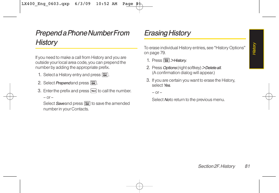 Prepend a phone numberfrom history, Erasing history | LG LX400 User Manual | Page 95 / 180